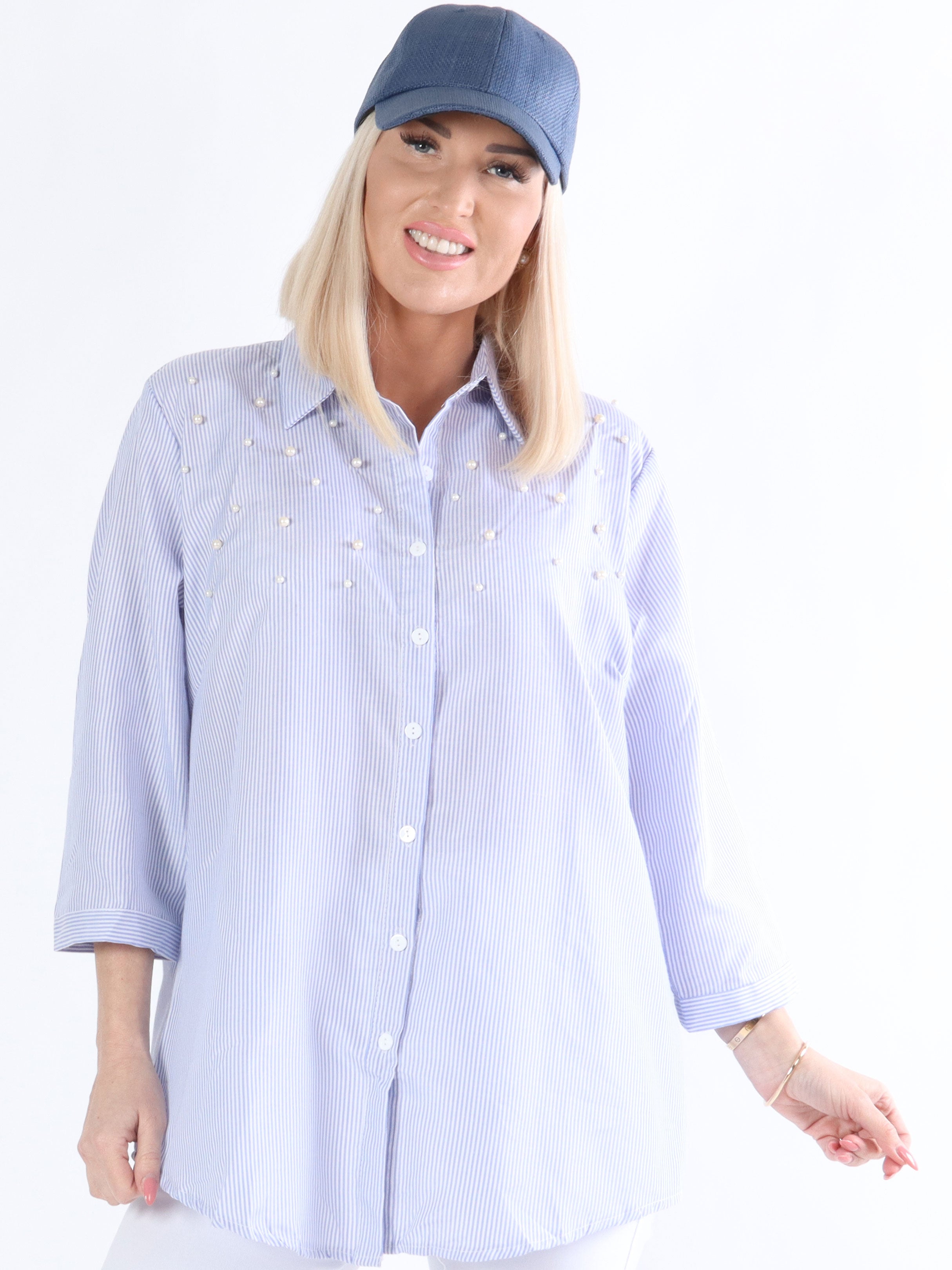 Vichi - Blå og hvid stribet skjorte med perler